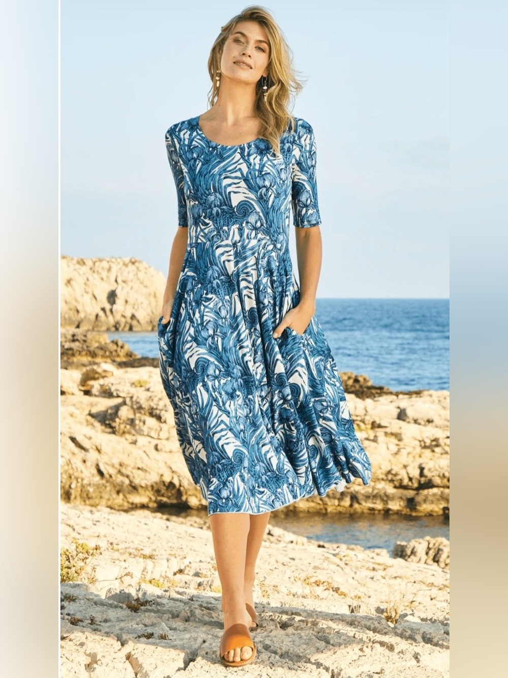 Peruvian Connection Blue White Gallipoli Midi Dress Pima Cotton Casual S